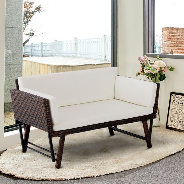 Sofá de Dois Lugares Ratán Sintético Convertível en Cama Sofá de Jardim Exterior com Almofada Castanha Cadeira Móvel Mobiliário Pátio Terraço 129x66x79cm