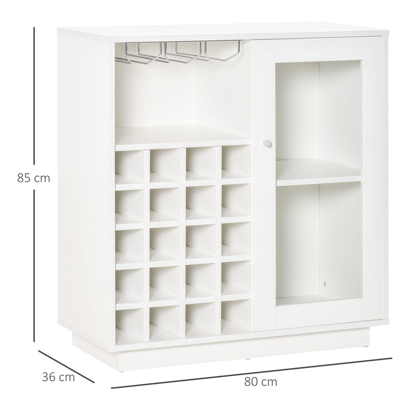 Aparador de Cozinha com Suporte para 20 Garrafas Armário Auxiliar com 1 Porta de Cristal Prateleiras e Suporte para Taças de Vinho para Sala de Estar Bar 80x36x85cm Branco