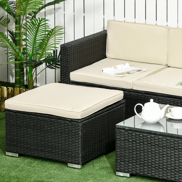 Conjunto de Móveis de Vime de Jardim 3 Peças Conjunto de Móveis de Vime Exterior Sofá de 3 Lugares com Almofadas Acolchoadas Mesa de Centro com Bancada de Vidro Temperado e Banco Preto e Bege