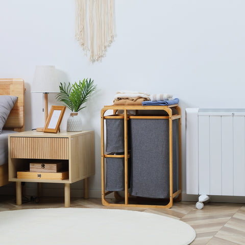 Cesto para Roupa Suja de Bambu Cesto de Roupa com 3 Bolsas de Tecido Amovíveis e Prateleira Aberta para Casa de Banho Dormitório 50x32x69,7cm Cinza e Madeira