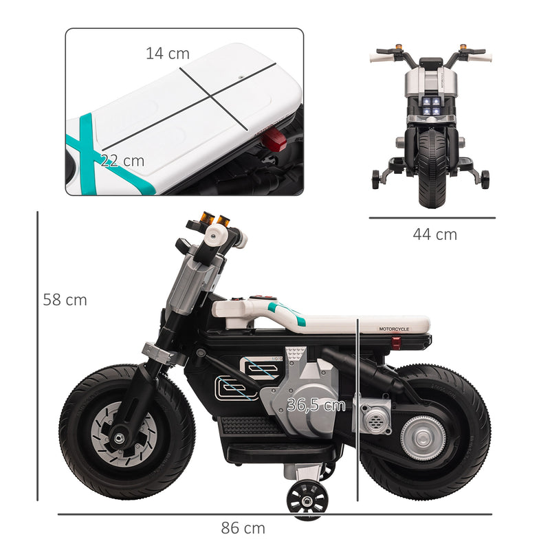 Mota Elétrica Infantil Mota a Bateria 6V com Farol Música Buzina Velocidade 3km/h Avance e Retrocesso e Rodas Auxiliares para Crianças de 3-5 Anos Carga 25kg 86x44x58cm Preto e Branco