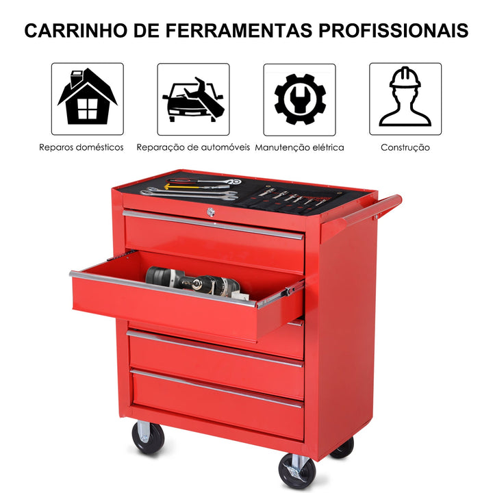 Carrinho de ferramentas com rodas 5 gavetas em chapa de aço 69x33x77.2cm