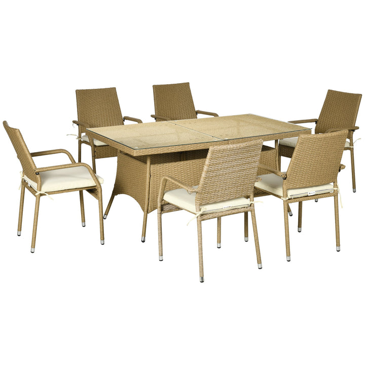 Conjunto de Móveis de Vime PE Conjunto de Refeição 7 Peças Mesa com Tampa de Vidro e 6 Cadeiras Empilháveis com Almofadas para Varanda Pátio Areia e Bege