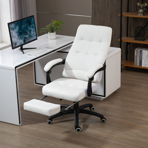Cadeira de escritório ergonômica giratória com função de inclinação altura ajustável Apoio de braço e apoio para os pés em couro sintético 65x65x114-124 cm Branco