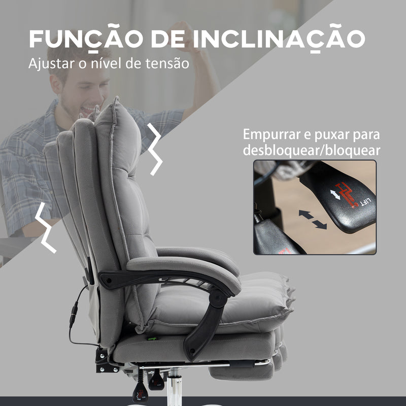 Cadeira de Escritório com 6 Pontos de Massagem e 5 Modos Cadeira de Escritório Reclinável com Função de Aquecimento Altura Ajustável e Rodas para Estúdio 66x74x114-121,5 cm Cinza