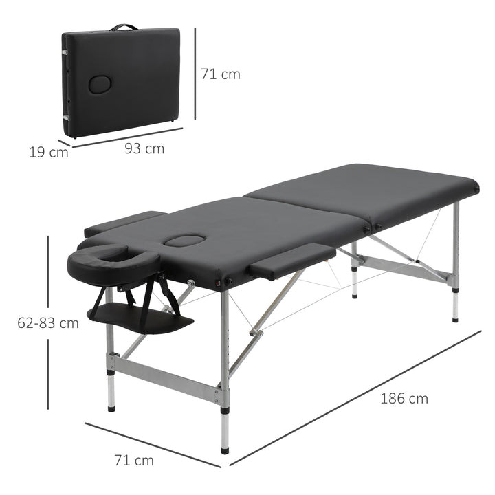 Marquesa Dobrável Mesa de Massagem Portátil com Altura Ajustável em 7 Posições Apoio para a Cabeça e Estrutura de Liga de Alumínio para Fisioterapia Carga 130kg 186x71x62-83cm Preto