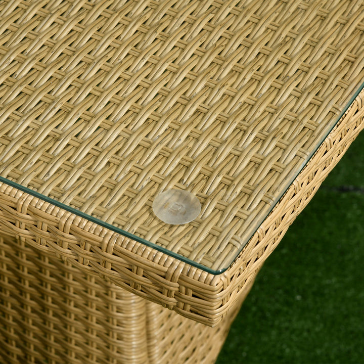 Conjunto de Móveis de Vime PE Conjunto de Refeição 7 Peças Mesa com Tampa de Vidro e 6 Cadeiras Empilháveis com Almofadas para Varanda Pátio Areia e Bege