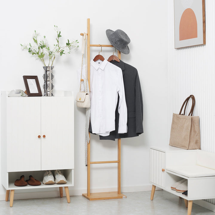 Cabide de Pé de Bambu Cabide de Pé para Roupas com 2 Ganchos e 3 Barras Suspensas para Entrada Corredor Dormitório Estilo Moderno 36x24x168cm Madeira