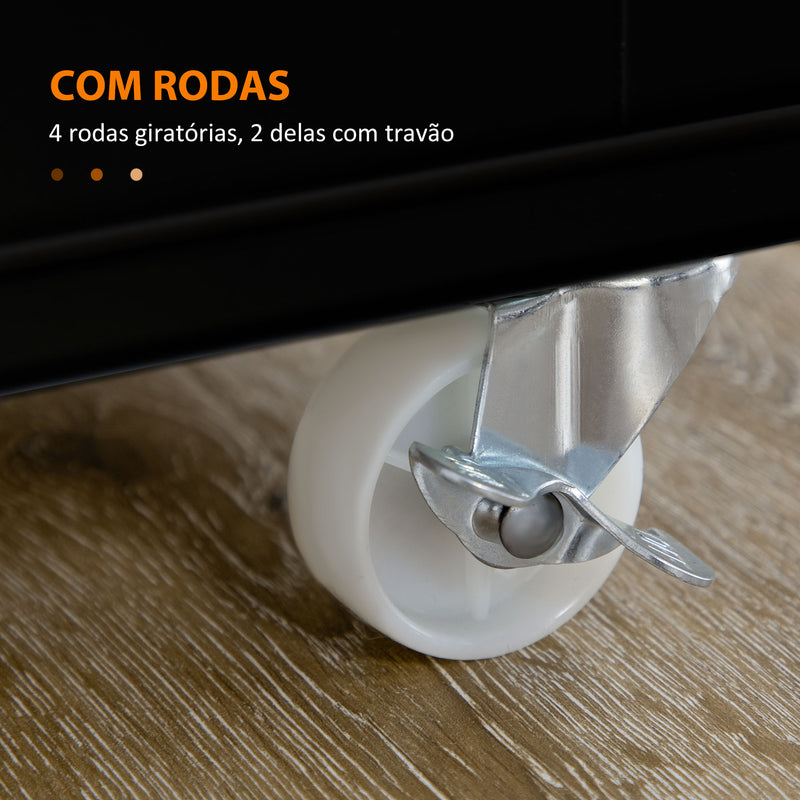 Ilha de Cozinha com Rodas Carrinho de Cozinha com Gaveta 3 Portas Prateleira Ajustável e Suporte para Panos Móvel Auxiliar de Cozinha 135x45x94,5cm Preto e Madeira