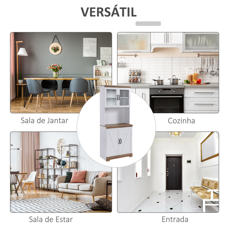 Armário de Cozinha Móvel Auxiliar de Cozinha com 2 Portas de Vidro Prateleiras Ajustáveis Bancada e Armário para Sala de Jantar Sistema Anti-Tombo 72x40x178cm Branco e Madeira