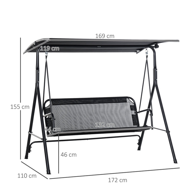 Balanço de jardim de 2 lugares com guarda-sol teto com ângulo ajustável para Varanda Carga 200 kg 172x110x155 cm Preto