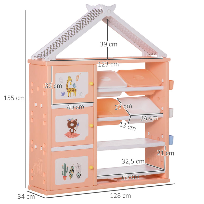 Estante Infantil de Brinquedos com Armário Prateleiras 4 Caixas e 3 Cestas Organizadoras de Armazenamento para Habitação de Crianças Sala de Jogos 128x34x155cm Laranja