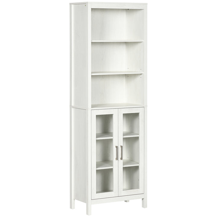 Armário Alto de Casa de Banho com 2 Portas de Vidro e 3 Prateleiras Abertas Armário Auxiliar Estilo Moderno para Sala de Estar Dormitório 53x30x162cm Branco