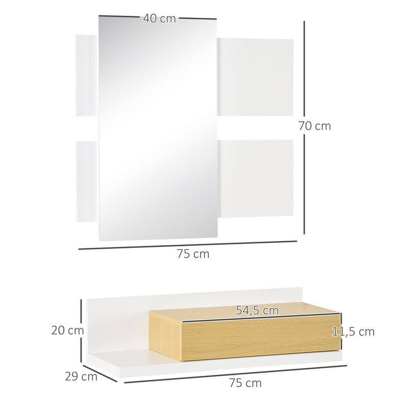 Conjunto de Móveis de Entrada Móvel de Entrada com Espelho e Gaveta Estilo Moderno para Corredor 75x4x70cm e 75x29x20cm Branco e Madeira