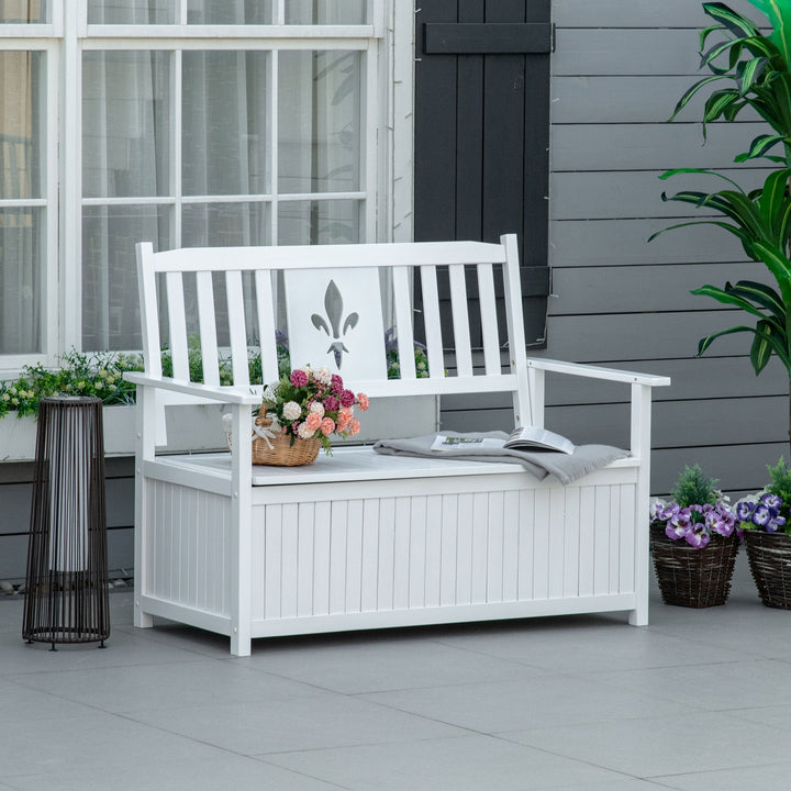 Banco de Madeira Exterior de 2 Lugares com Espaço de Armazenamento e Tecido Oxford Banco Baú de Jardim Terraço com Apoio para os Braços Carga 250kg 125x68,5x97 Branco