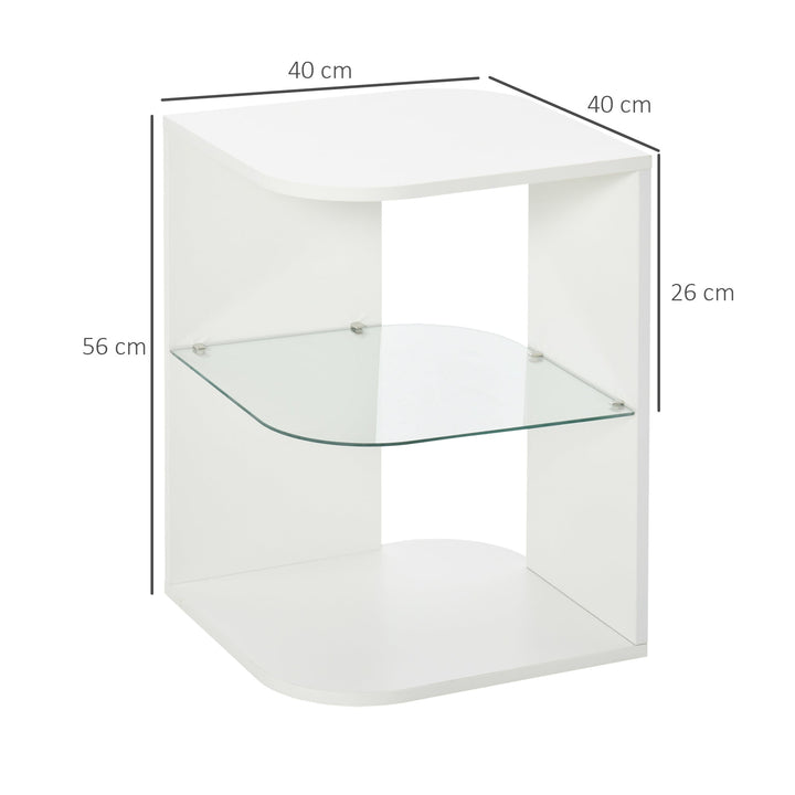 Mesa Auxiliar Moderna Mesa de Cabeceira com 3 Prateleiras 1 de Vidro para Sala de Estar Dormitório 40x40x56cm Branco