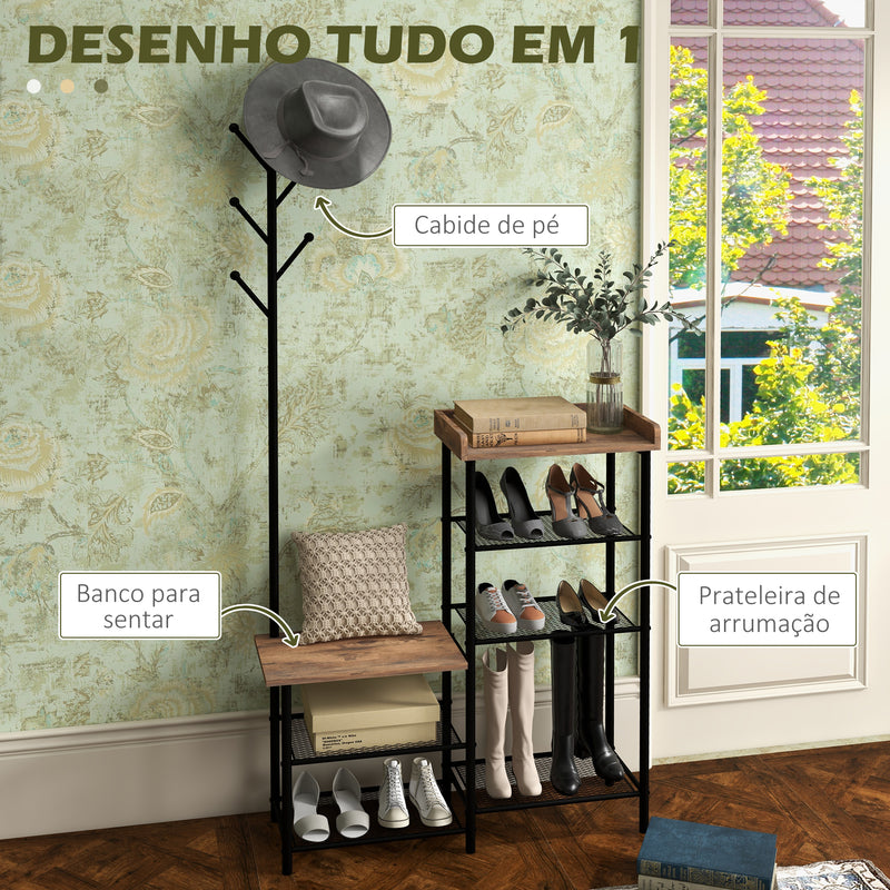 Móvel Cabide de Entrada com Sapateira 5 Prateleiras Móvel de Entrada com 6 Ganchos para Pendurar Bolsas Roupas Estilo Industrial para Corredor Entrada 92,5x28x182 cm Marrom Rústico