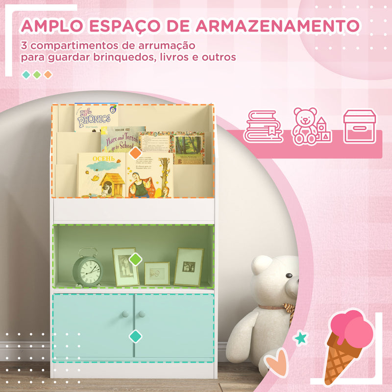 Estante para Brinquedos Infantil Estante de Livros para Crianças de 3 a 8 Anos para Brinquedos Sapatos com 3 Compartimentos e 2 Armários para Dormitório 60x29,5x100 cm Branco