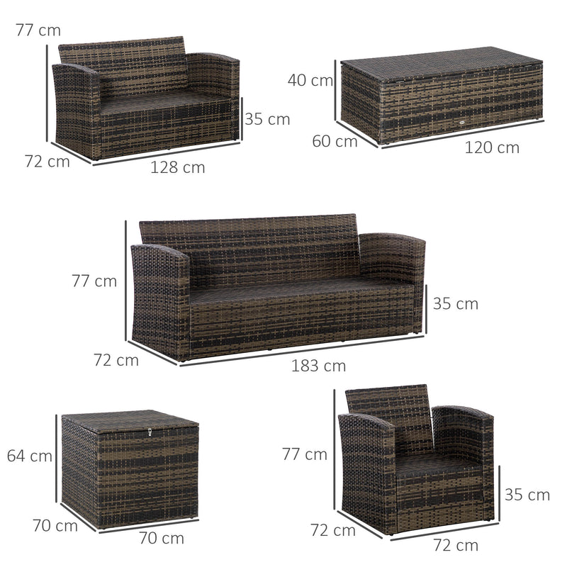 Conjunto de Móveis de Jardim de Vime 6 Peças Sofá Duplo de 3 Lugares 2 Poltronas Individuais 2 Mesas Auxiliares com Armazenamento e Almofadas Marrom e Creme