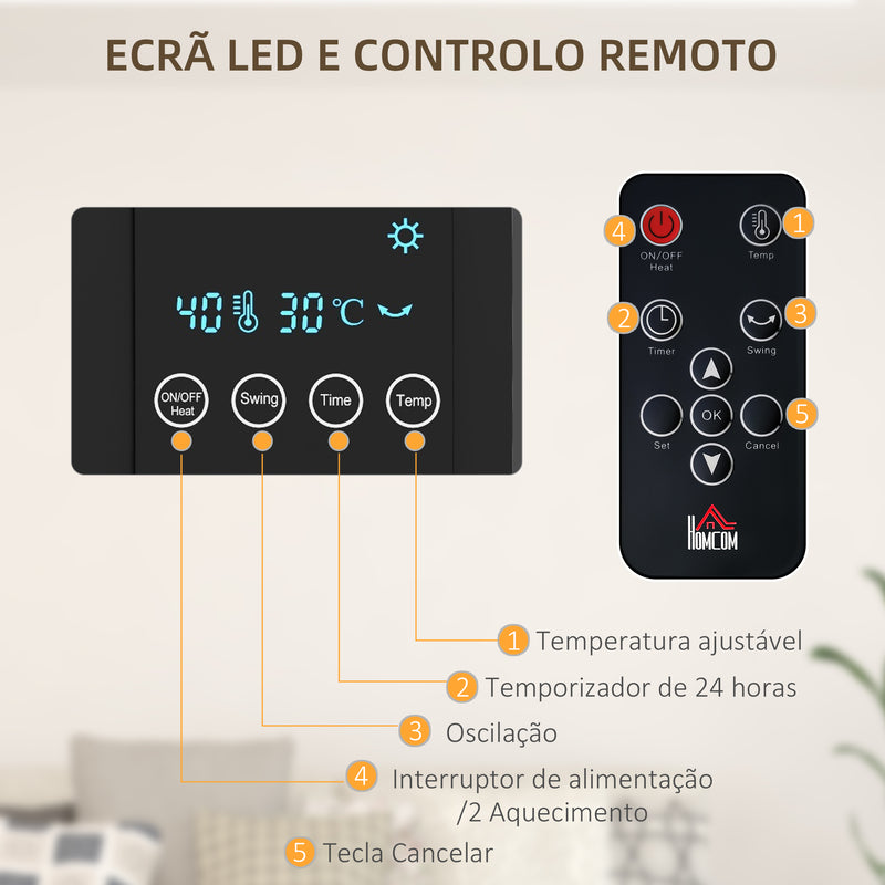 Aquecedor Elétrico de Parede 1000W/2000W Aquecedor com Ecrã LED Controlo Remoto Termostato Temporizador para Áreas de 15-20 m² 54,5x12x21,5 cm Preto