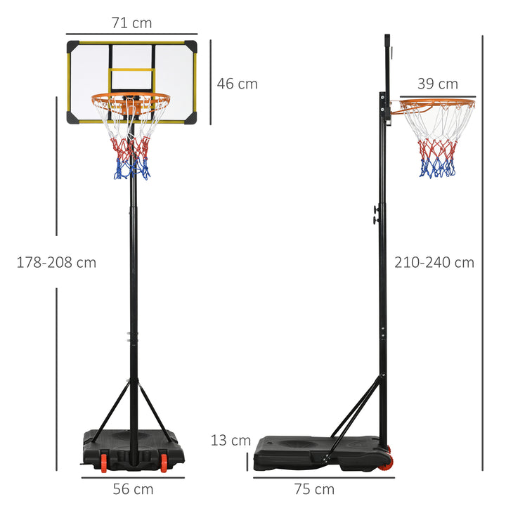 Tabela de Basquetebol com Altura Ajustável 178-208 cm Rodas Cesta de Basquetebol para Crianças acima de 6 Anos com Base Recarregável para Exterior 75x56x210-240 cm Amarelo e Preto