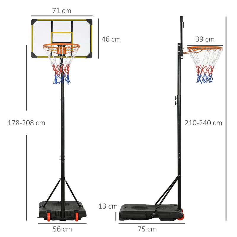 Tabela de Basquetebol com Altura Ajustável 178-208 cm Rodas Cesta de Basquetebol para Crianças acima de 6 Anos com Base Recarregável para Exterior 75x56x210-240 cm Amarelo e Preto