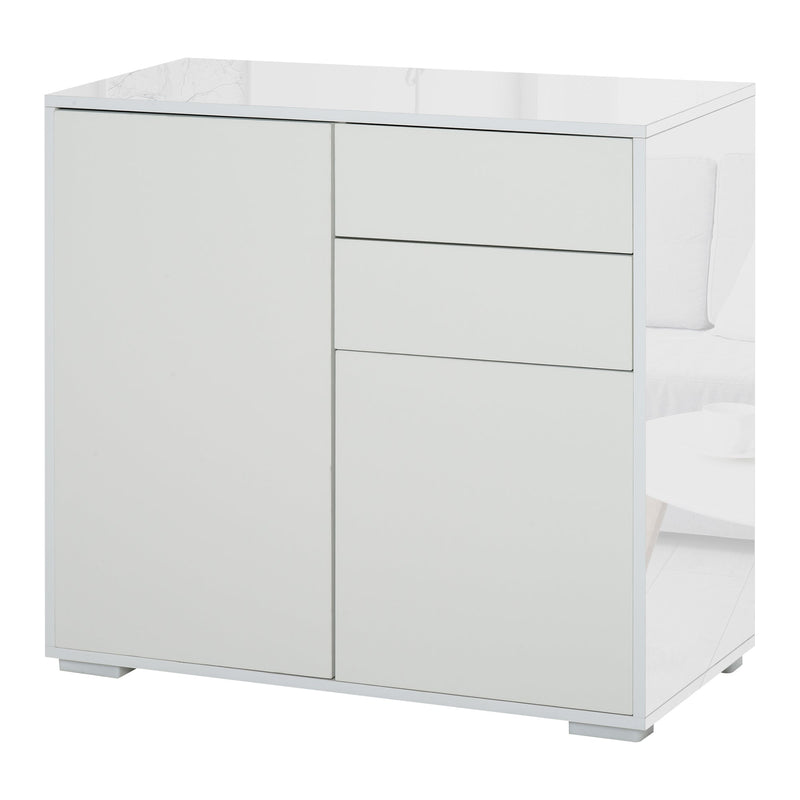 Aparador Auxiliar com 2 Portas 2 Gavetas e Prateleira Ajustável Abertura a Pressão Móvel Organizador de Armazenamento para Dormitório Sala de Estar 79x36x74cm Branco