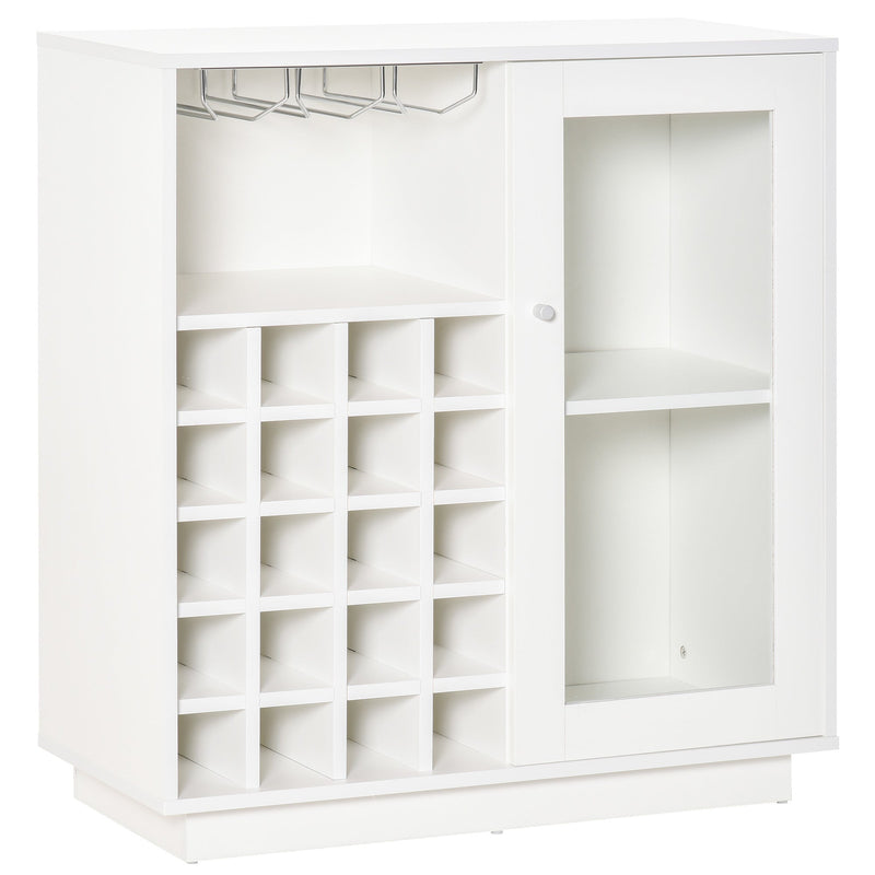 Aparador de Cozinha com Suporte para 20 Garrafas Armário Auxiliar com 1 Porta de Cristal Prateleiras e Suporte para Taças de Vinho para Sala de Estar Bar 80x36x85cm Branco