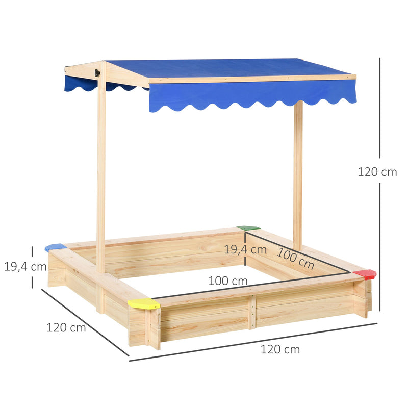 Caixa de areia de madeira para crianças com telhado Toldo ajustável Espaçoso 120x120x120 cm para jardim Cor madeira natural