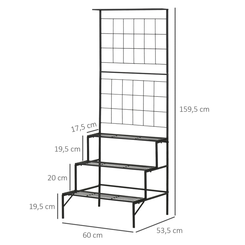 Suporte para Plantas com Treliça de Metal Suporte para Vasos Plantas Trepadeiras com 3 Prateleiras para Terraço Balcão Jardim Exterior e Interior 60x53,5x159,5cm Preto