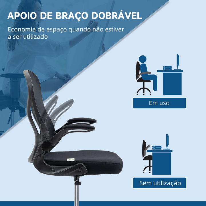 Cadeira de Escritório com Encosto Médio Suporte Lombar Apoio para os Braços Dobrável e Altura Ajustável Carga Máxima 120kg 59x65x110-130cm Preto