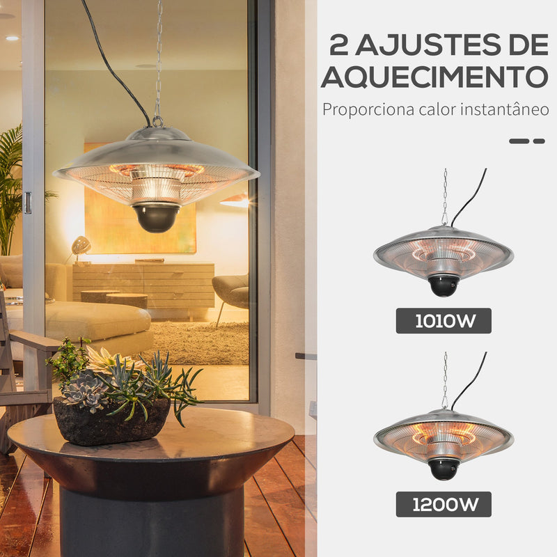 Aquecedor de Jardim Elétrico 1010W/1200W Aquecedor de Exterior de Teto de Infravermelho com Controlo Remoto 2 Níveis de Calor Proteção IP44 para Terraço Pátio Ø58,5x33cm Prata