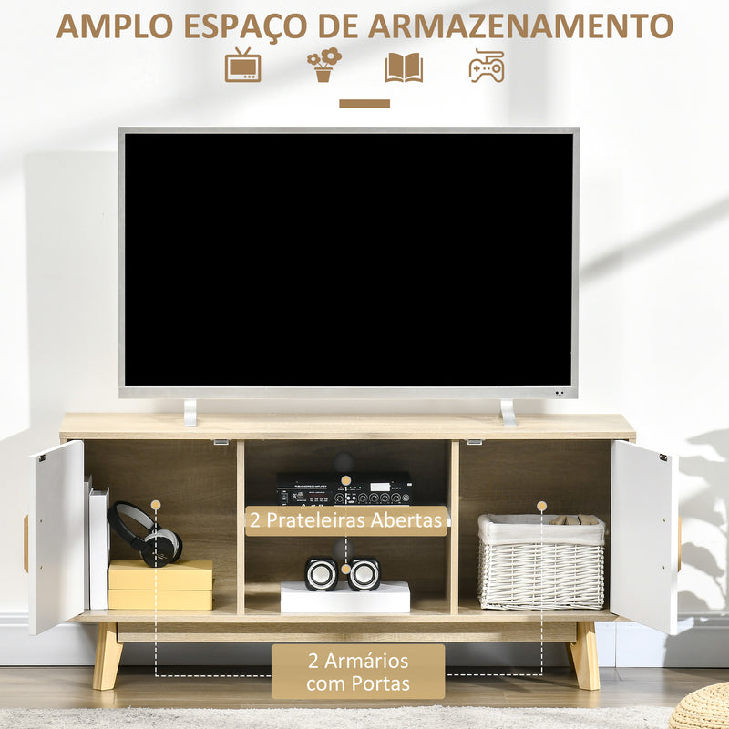 Móvel de TV para Televisores de até 55 Polegadas Móvel de TV Moderna com 2 Gavetas 2 Prateleiras Abertas e Prateleira Interior Ajustável para Dormitórios 120x40x55cm Madeira e Branco