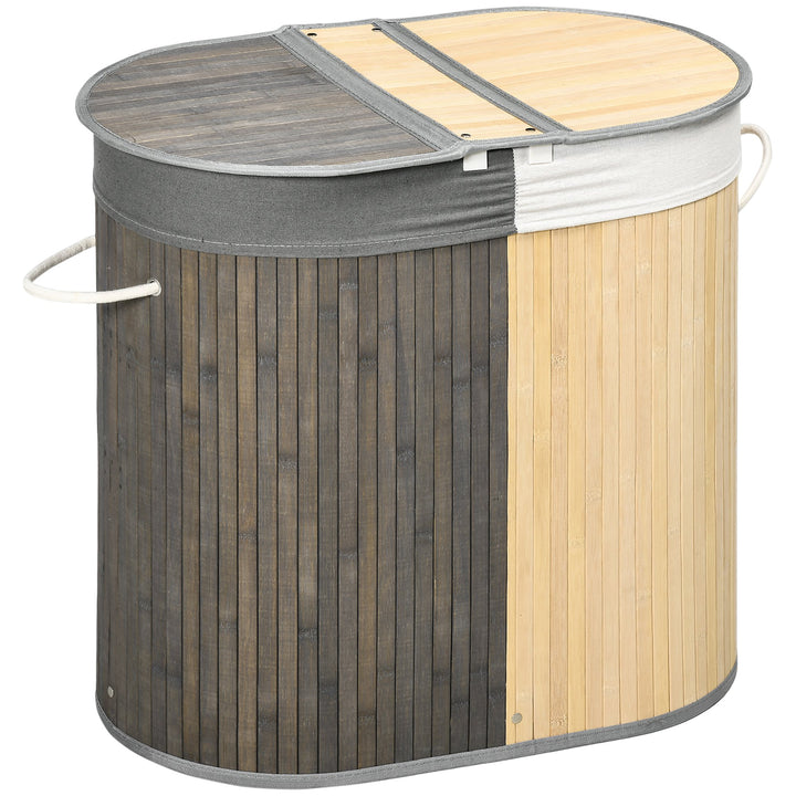 Cesto de Roupa Suja de Bambu Capacidade de 100L Cesto para Roupa Suja com Tampa Rebatível e Bolsa com 2 Compartimentos Amovível 62,5x37x60,5cm Cinza e Madeira