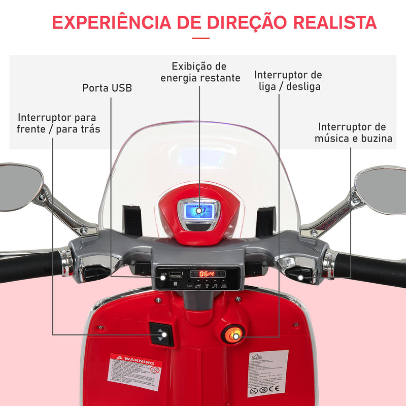 Mota elétrica Vespa para crianças acima de 3 Anos com Faróis Música 2 Rodas Auxiliares 108x49x75 cm Vermelho