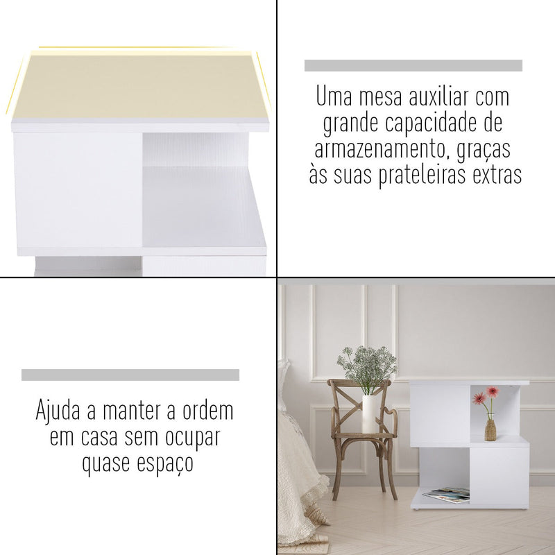 Mesa de Cabeceira Mesa de Café Auxiliar 2 Níveis 40x40x43 cm Branco