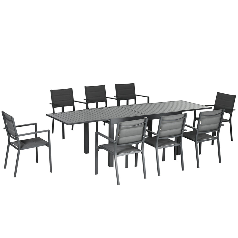 Conjunto Móveis de Jardim 9 Peças Conjunto de Refeição para Varanda com Mesa Extensível 8 Cadeiras Empilháveis Estrutura de Alumínio e Assento de Textilene 135-270x89x74cm Cinza