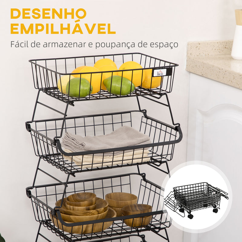 Fruteira Cesto para Frutas de 4 Níveis com Rodas Carrinho de Armazenamento de Aço Empilhável para Cozinha Sala de Jantar Escritório 40x28x97cm Preto