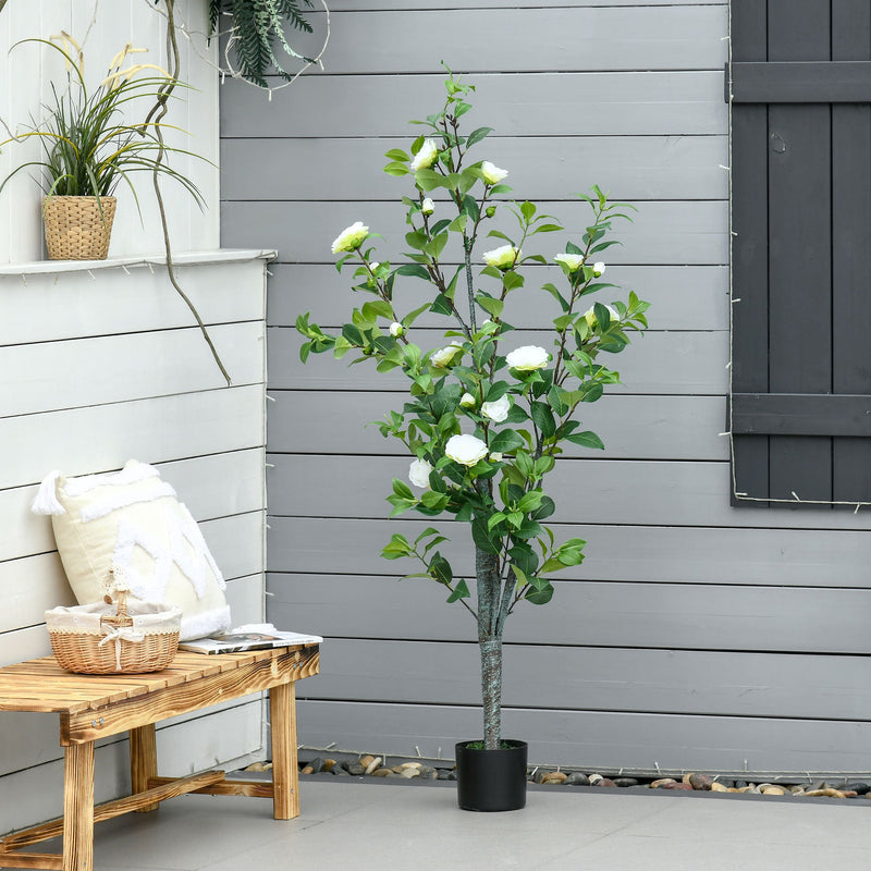 Camélia Artificial Planta Sintética de 150cm com Vaso de Cimento 285 Folhas Realistas e 25 Flores de Tecido Decoração para Casa Escritório e Exterior Verde