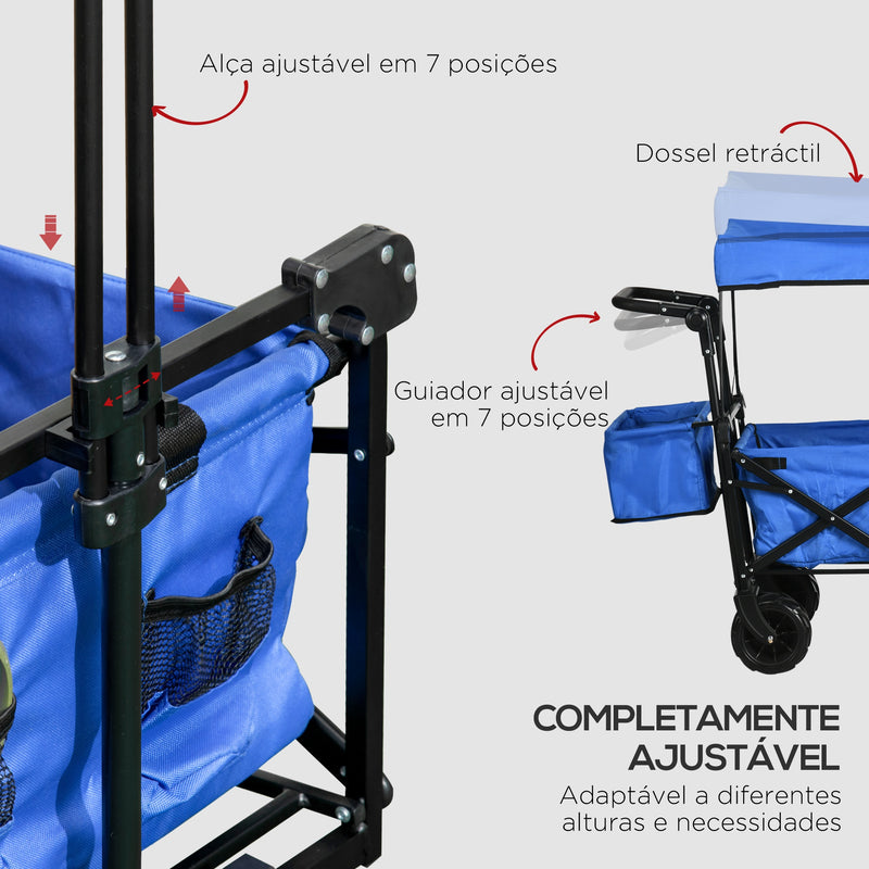 Carrinho de Transporte Dobrável para Praia Campismo Viajem com Toldo Guiador Rodas Altura Ajustável Carga Máxima 68kg 117x55x98 cm Azul