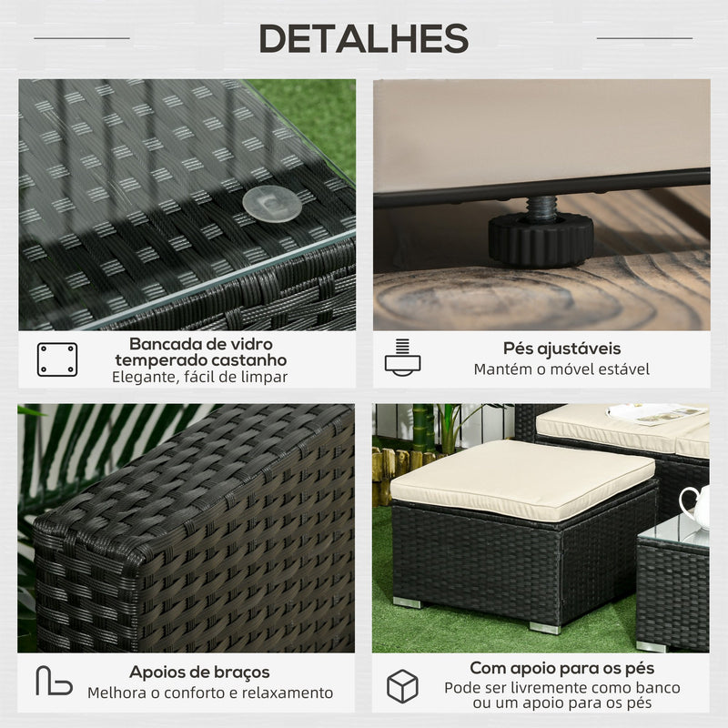 Conjunto de Móveis de Vime de Jardim 3 Peças Conjunto de Móveis de Vime Exterior Sofá de 3 Lugares com Almofadas Acolchoadas Mesa de Centro com Bancada de Vidro Temperado e Banco Preto e Bege