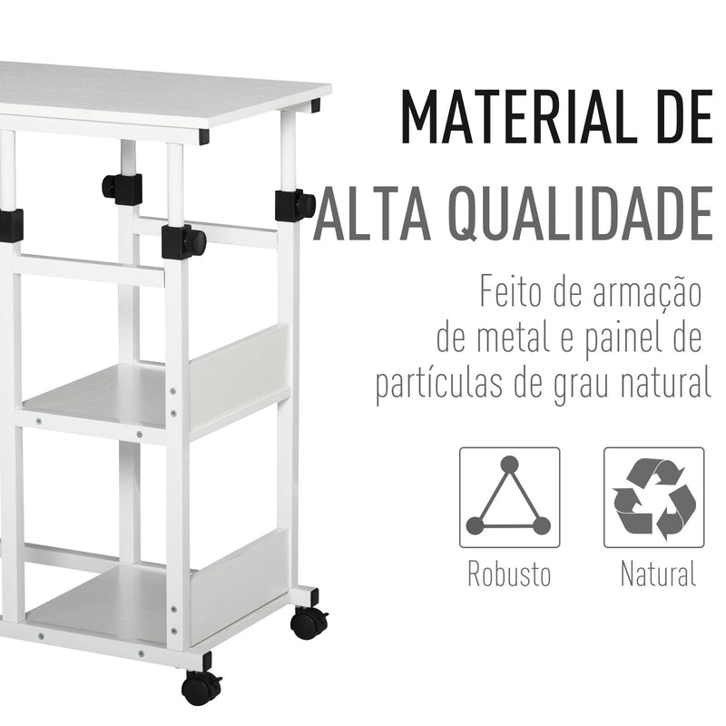 Mesa Lateral para Sofá Mesa lateral em Forma de C com 4 rodas Giratórias Freios Altura Ajustável 3 níveis Estrutura Metálica 80x40x72-82cm Branco