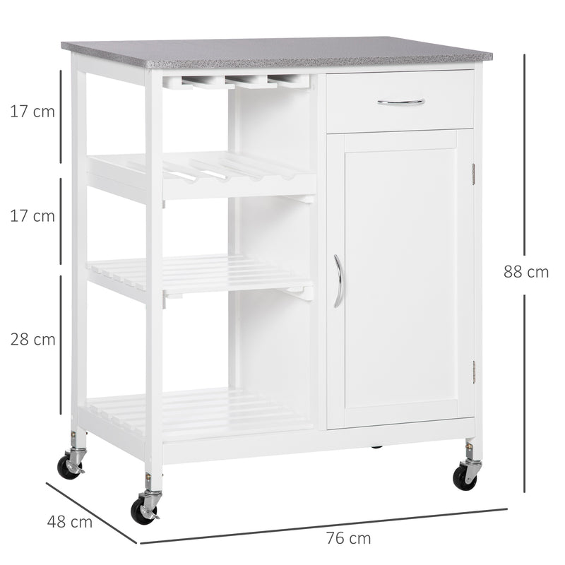 Carrinho de Cozinha com Rodas Carrinho de Cozinha com 1 Gaveta Prateleiras Removíveis Suporte para 4 Garrafas e Armário para Sala de Jantar Sala de Estar Carga 40kg 76x48x88cm Branco e Cinza