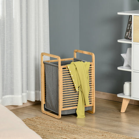 Cesto para Roupa Suja de Bambú Portátil com Tampa e Bolsa Removível Móvel de Casa de Banho 40x35,5x60,5cm Cor Natural e Cinza