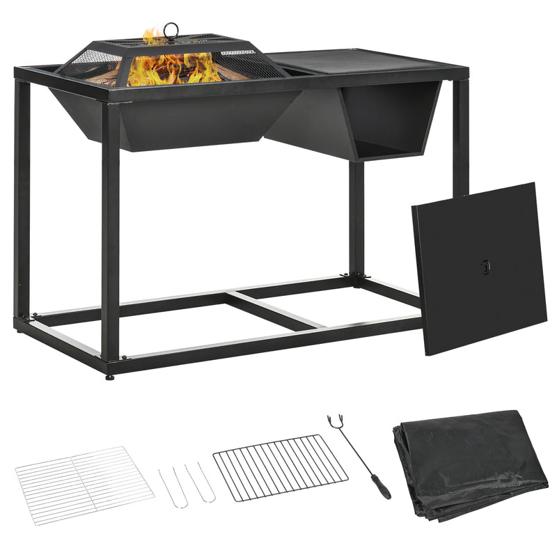 Braseiro 4 em 1 de Aço Galvanizado para Jardim Barbecue a Lenha Cubo de Gelo Mesa de Jardim com Tampa Protetora de Faíscas e Atiçador 100x46,5x64cm Preto