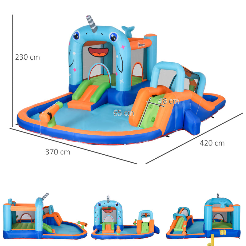 Castelo Insuflável para Crianças de 3-8 Anos com Escorrega Trampolim Piscina Castelo Insuflável com Inflador e Bolsa de Transporte para Exterior 420x370x230cm Multicolorido