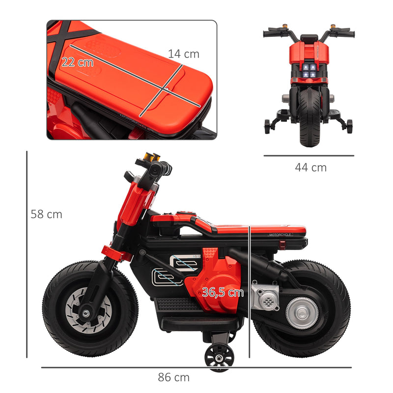 Mota Elétrica Infantil Mota a Bateria 6V com Farol Música Buzina Velocidade 3km/h Avance e Retrocesso e Rodas Auxiliares para Crianças de 3-5 Anos Carga 25kg 86x44x58cm Preto e Vermelho