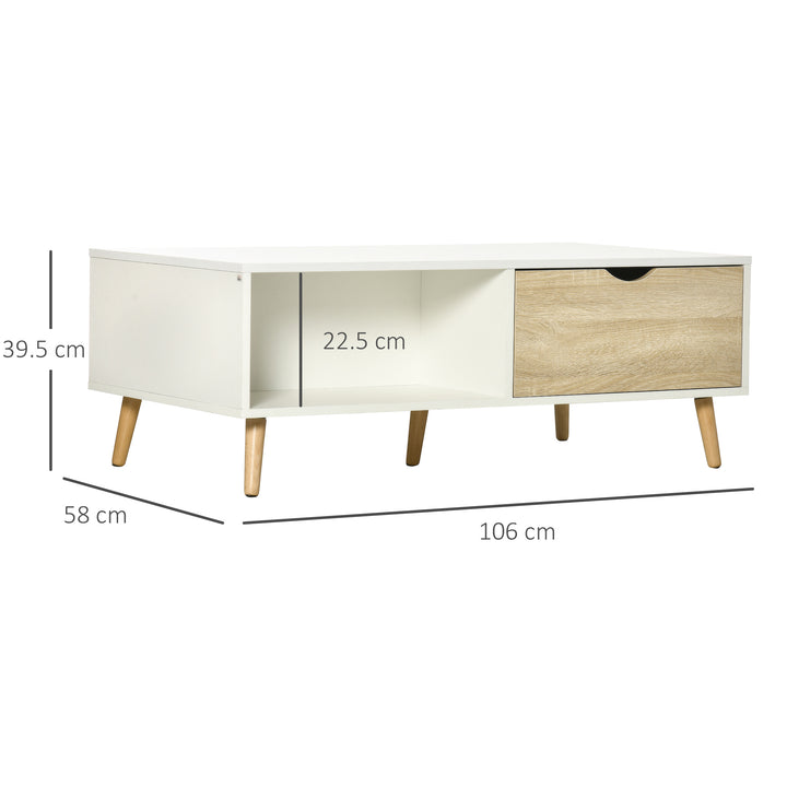 Mesa de Centro Retangular Mesa de Sala de Estar com 2 Gavetas e Compartimentos Abertos Estilo Nórdico para Escritório Dormitório Estúdio 106x58x39,5cm Branco e Madeira