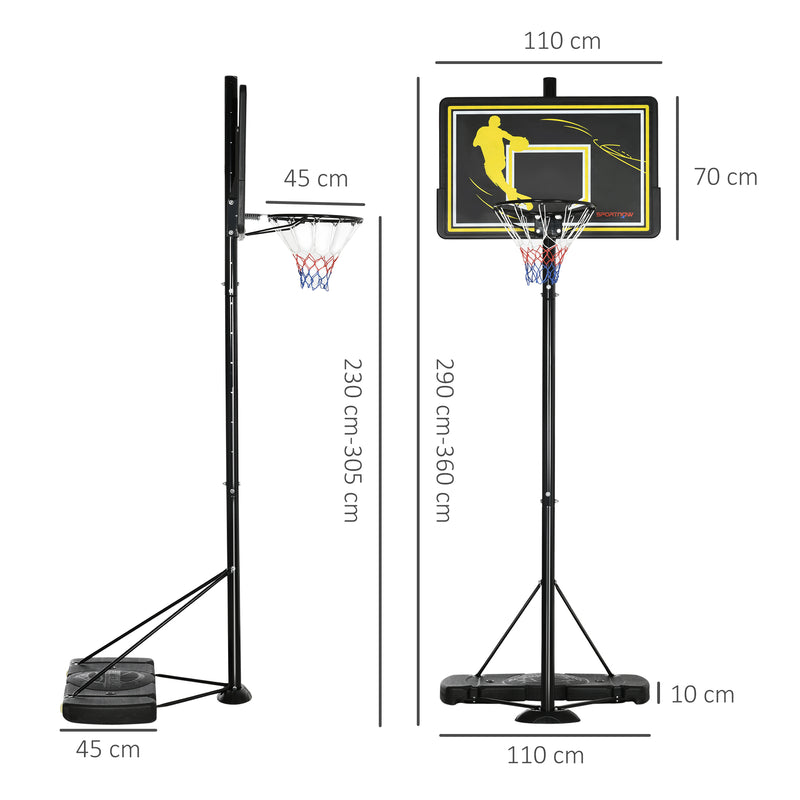 Cesta de Basquetebol com Rodas Altura Ajustável 230-305cm Cesta de Basquetebol com Suporte Tabela de PE e Base Recarregável para Exteriores 110x45x290-360cm Preto e Amarelo