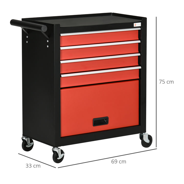 Carro de Ferramentas Móvel com Rodas 4 Gavetas Compartimento de Armazenamento e Alça Lateral Carga 130kg para Garagem Oficina 69x33x75cm Preto e Vermelho